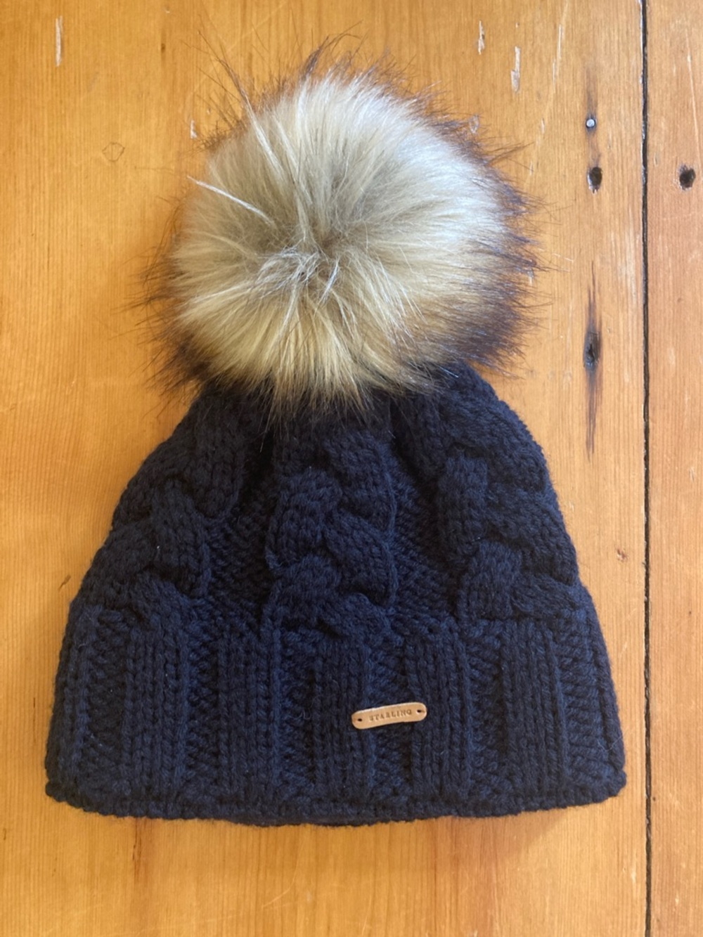 Cable-Knit Pom Beanie in Navy with Faux Fur Pom